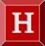 A red and white logo of the letter h.
